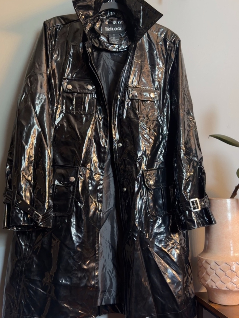 Vintage Trilogi Black Patent Leather Rain Trench Coat Medium